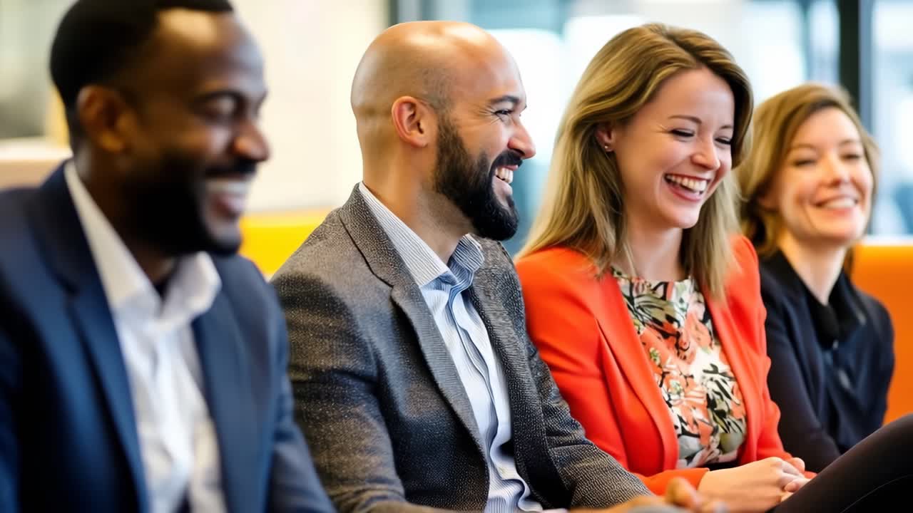 A vibrant video still of diverse professionals laughing in a meeting
