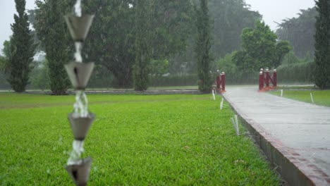 water trickling down rain chain. slow motion