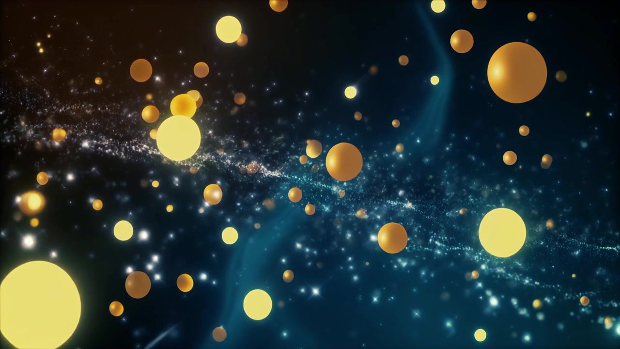 Sfondo animato astratto con sfere dorate fluttuanti e particelle luminose