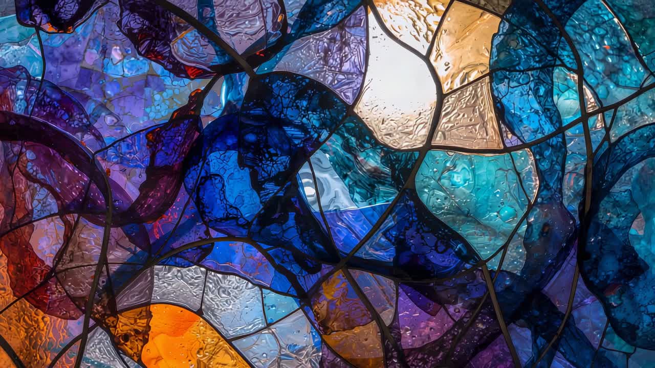 Sunlight passing through art glass panel, illuminating stained glass segments with metal cames