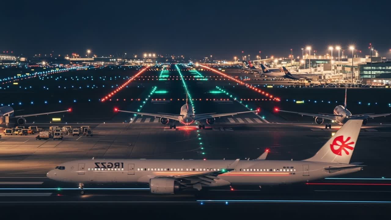 A Busy Airport at Night: Illuminated Runway and Aircraft Operations Captured in Stunning Detail During Evening Hours