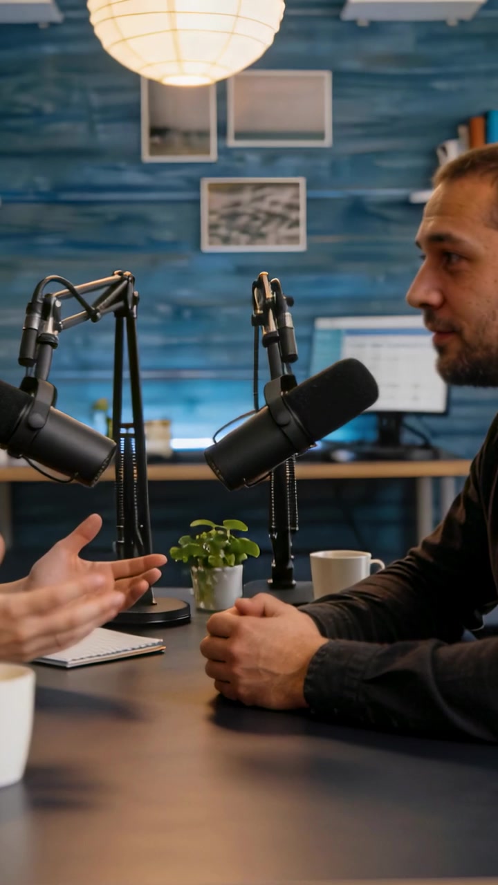Video verticale: Relatore a sinistra che inizia a parlare, gesticolando in uno studio di podcast, registrando con microfoni.