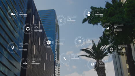 animación de iconos con procesamiento de datos sobre el paisaje urbano