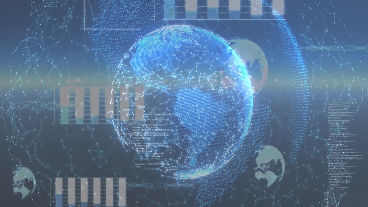 파란색 배경에 연결 네트워크와 함께 지구 행성의 애니메이션