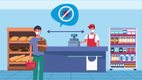 campaña de distanciamiento social con el vendedor del supermercado y el cliente