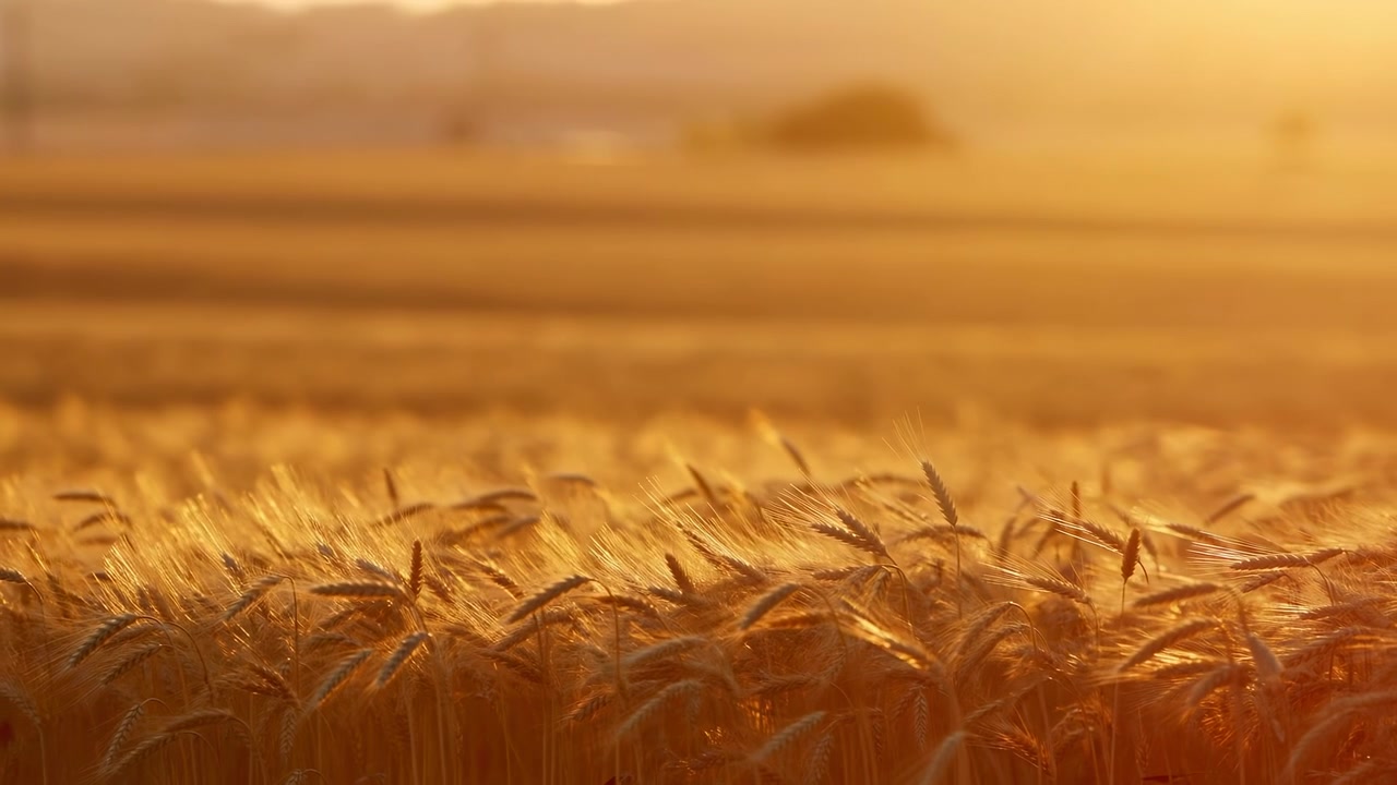 Vista ravvicinata di spighe di grano mature in un campo rurale al tramonto, con luce calda, una leggera sfocatura in lontananza e un'atmosfera di raccolta naturale e calma