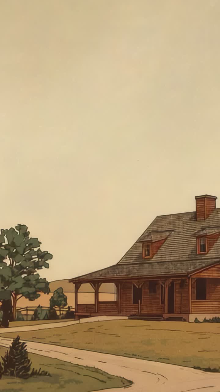 Vertical video: Panning camera rightward toward wooden cabin in rural farmstead, with dirt path