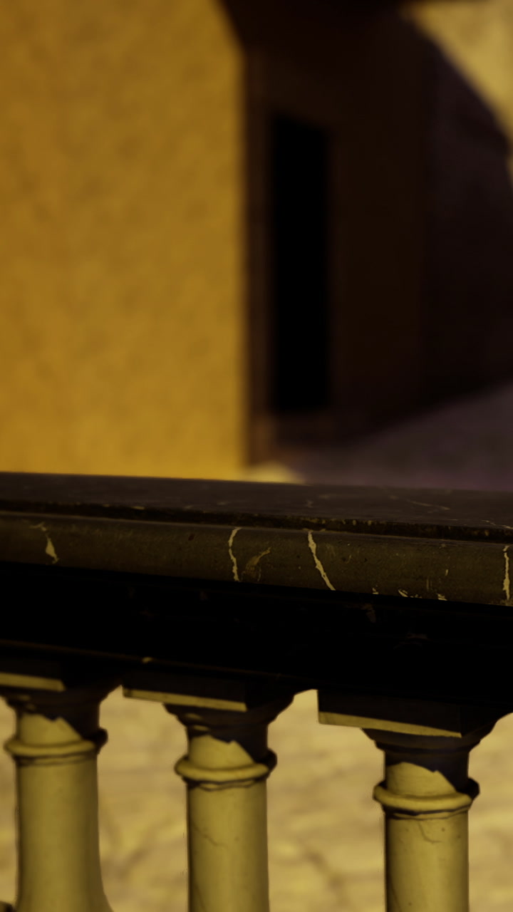 Close view of railing at night near building with soft light illumination
