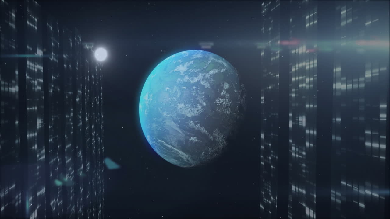Earth rotating center, data towers glowing grid patterns beside, showing 3D render with lens flares