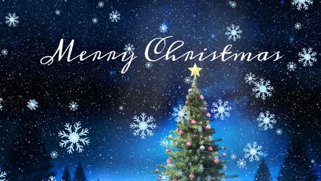 animation of merry christmas text banner and snow falling over christmas tree against night sky