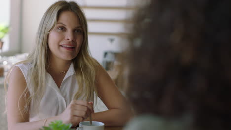 Hermosa-Mujer-En-La-Cafetería-Hablando-Con-Un-Amigo-Bebiendo-Café-Disfrutando-De-Una-Conversación-Relajada-Charlando-Juntos-Socializando-En-La-Tienda-Del-Restaurante