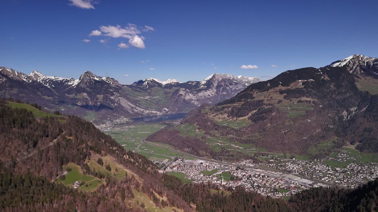 Glarus city Switzerland nature mountains Swiss valley aerial drone landscape