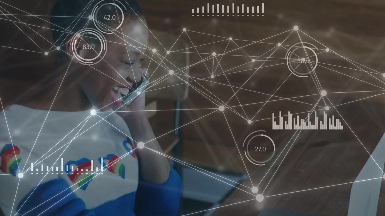 Woman at wooden table tapping tablet, using AR gauges and calling while discussing tech metrics