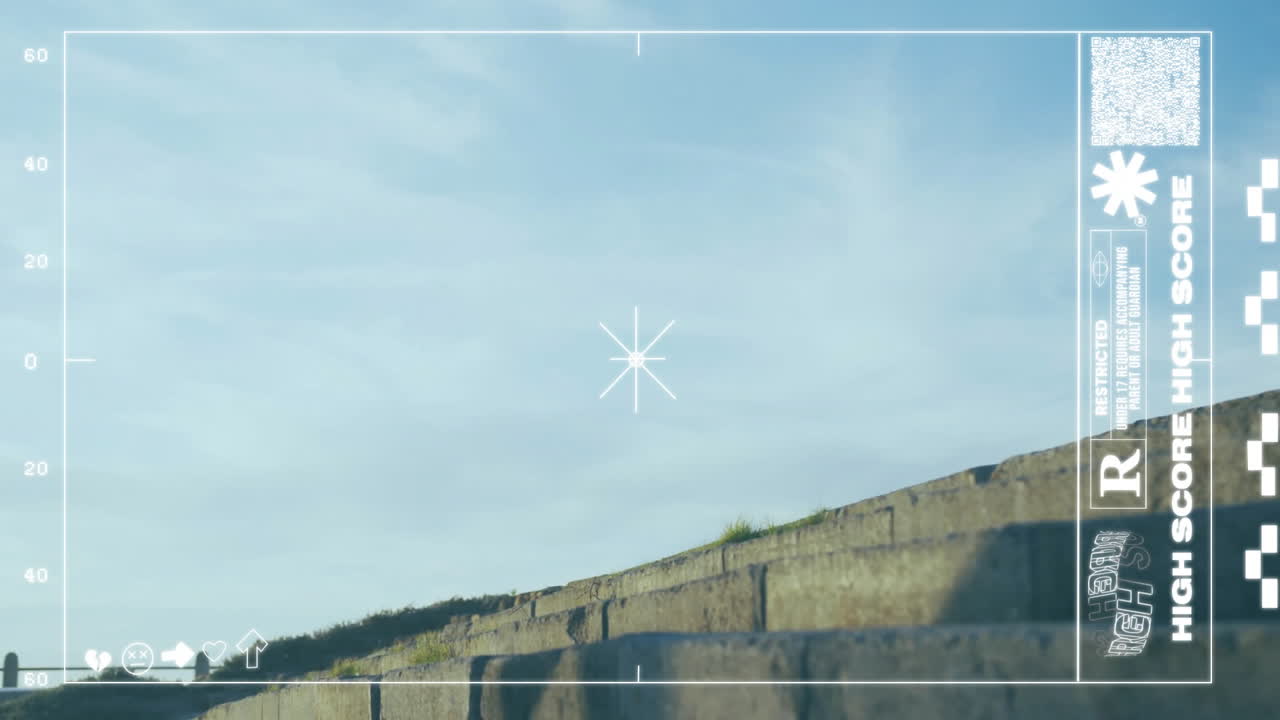 돌 계단과 파란 하늘을 겨냥한 레티클과 높은 점수 애니메이션