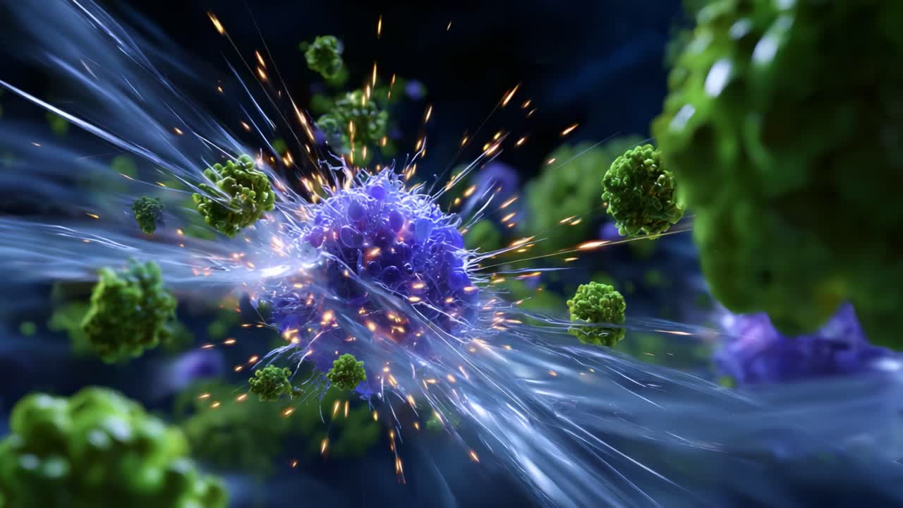 Dynamic Interaction of Cells in a Vibrant Microscopic Environment Showcasing Explosive Engagement Between Immune Cells and Pathogens in High Detail