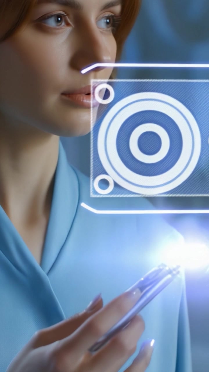 A Woman Engaging with Futuristic Technology, Using a Stylus to Interact with a Holographic Interface While Dressed in Soft Textiles Against a Dreamy Background