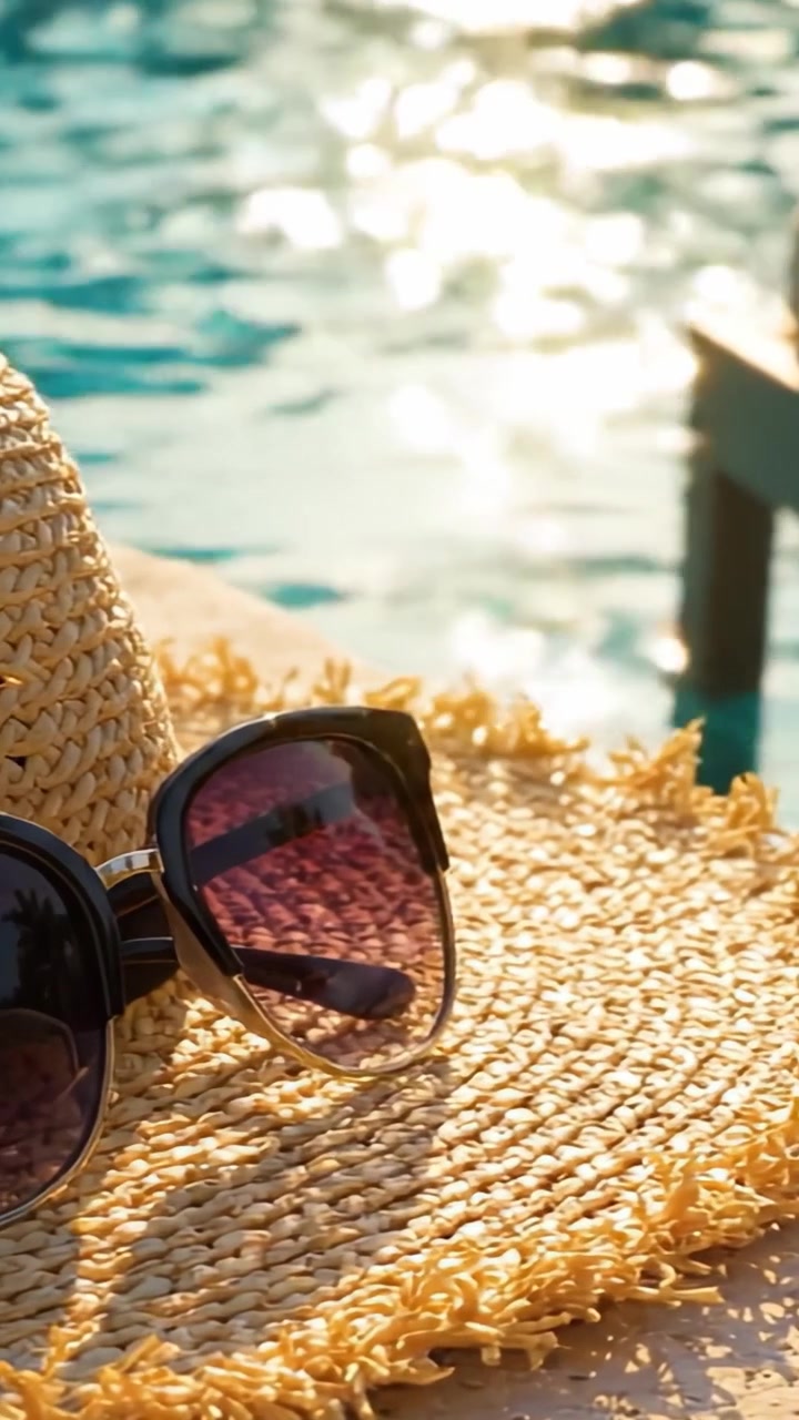 A Glimpse of Relaxation: Stylish Sunglasses and a Charming Straw Hat on the Edge of a Sparkling Pool Under the Warm Sunlight