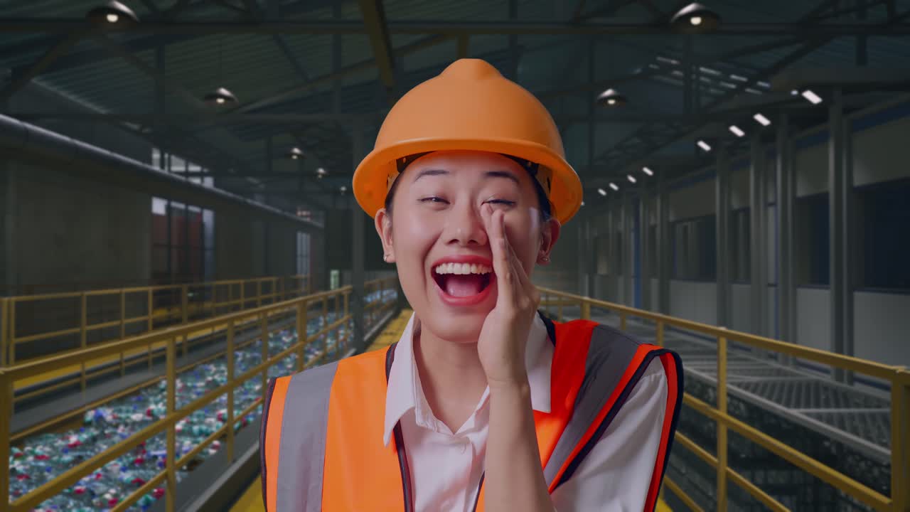 Nærbilde av en asiatisk kvinnelig ingeniør med vernehjelm som roper med hånden over munnen mens hun står, og inspiserer en plastgjenvinningsfabrikk med flasketransportbånd.