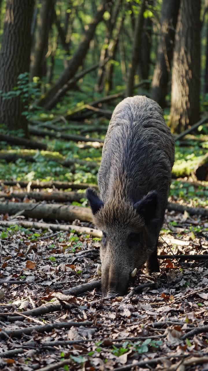 Cinghiale in cerca di cibo sul suolo della foresta.