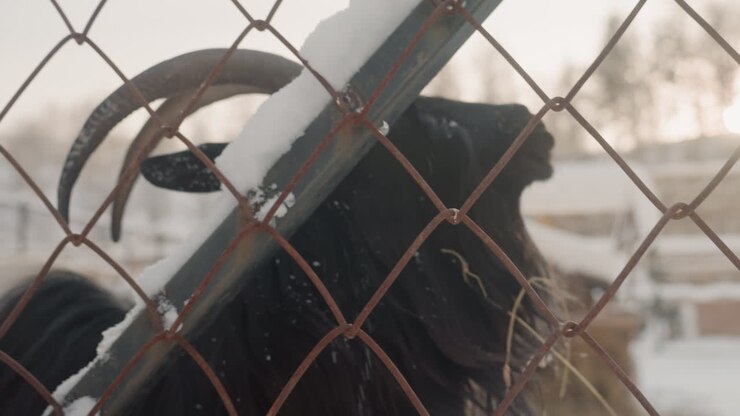Curious black goat nibbling snowy fence at sunrise, young forager using horns to push chain links, warm backlight highlights frosty whiskers and metal texture, rustic barn in background, playful