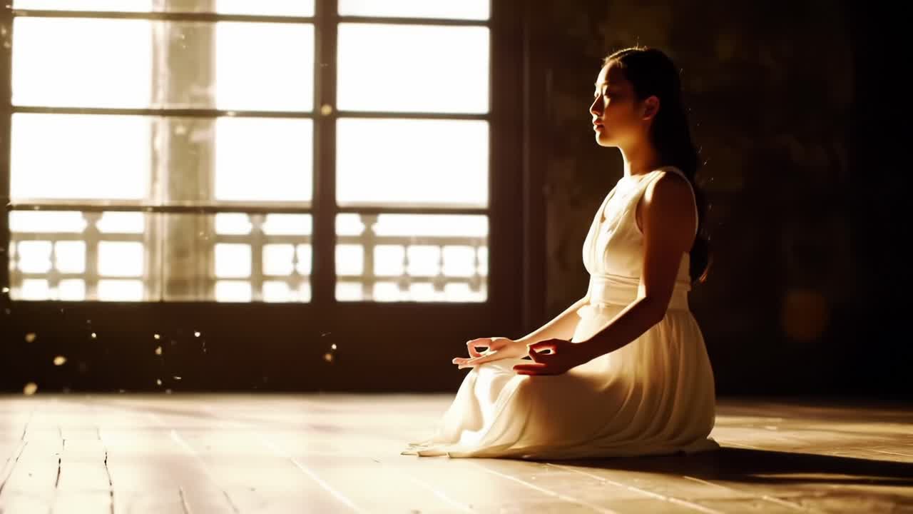 穏やかな瞑想の瞬間：柔らかな光と穏やかな環境の中で、白いドレスの女性が静けさと内なる平和を捉える