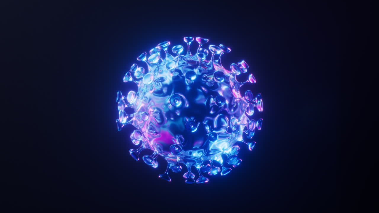 Loop animation of virus with dark neon light effect, 3d rendering.