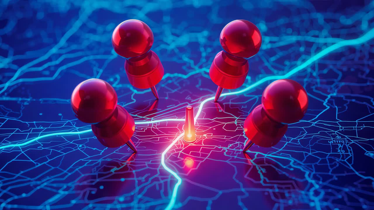 Localizador pulsante fazendo com que cinco marcadores vermelhos desçam e rotas azuis tracem um centro em um mapa neon