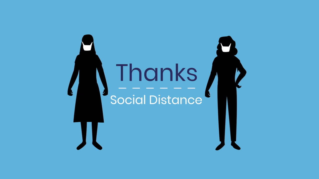 얼굴 마스크를 착용한 디지털 인간 모양으로  ⁇ 박이는 단어의 애니메이션 감사합니다.