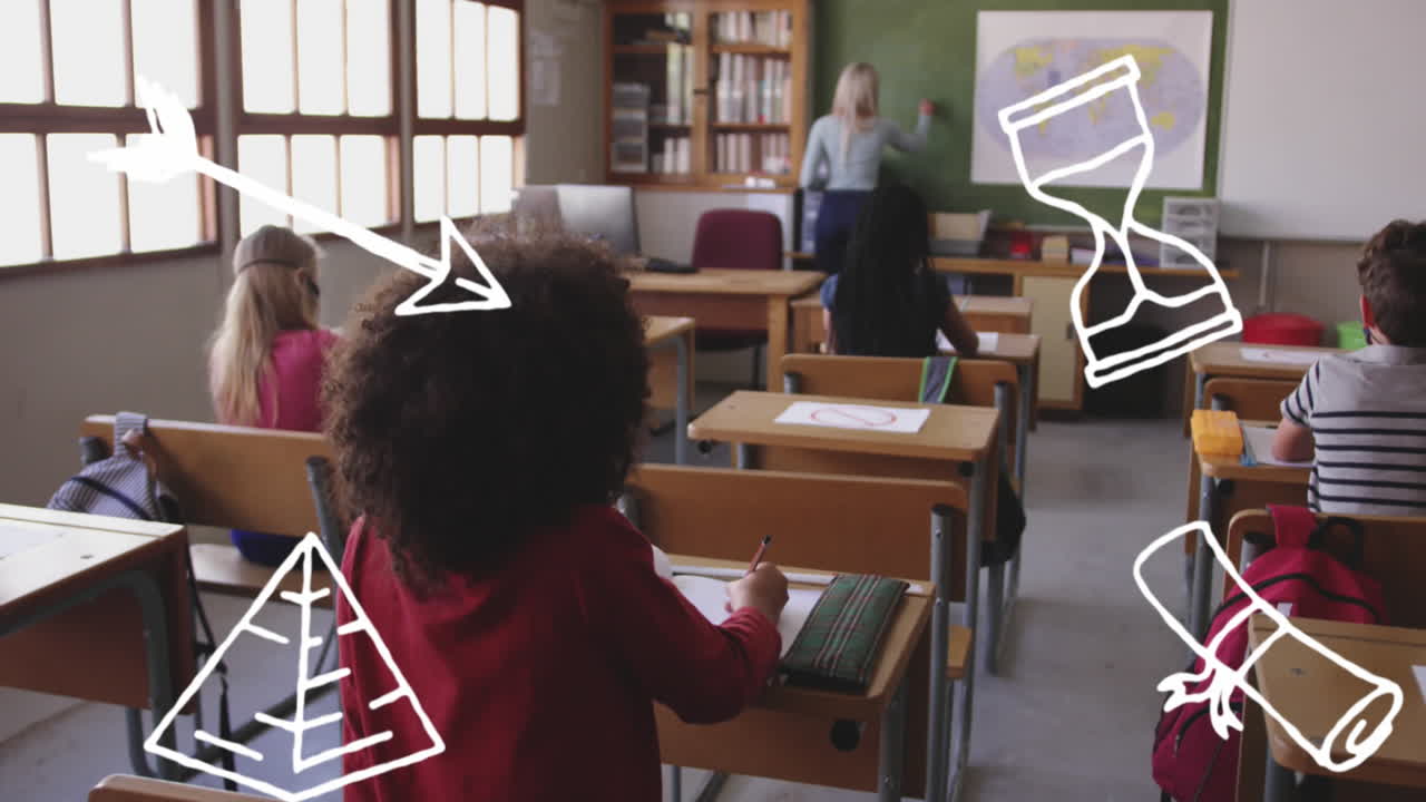 Animation of multiple icons over rear view of diverse teacher teaching students in classroom