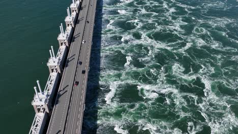 Oosterschelde-Sturmflutwehr-Zur-Regulierung-Der-Flut,-Deltaarbeiten;-Drohne