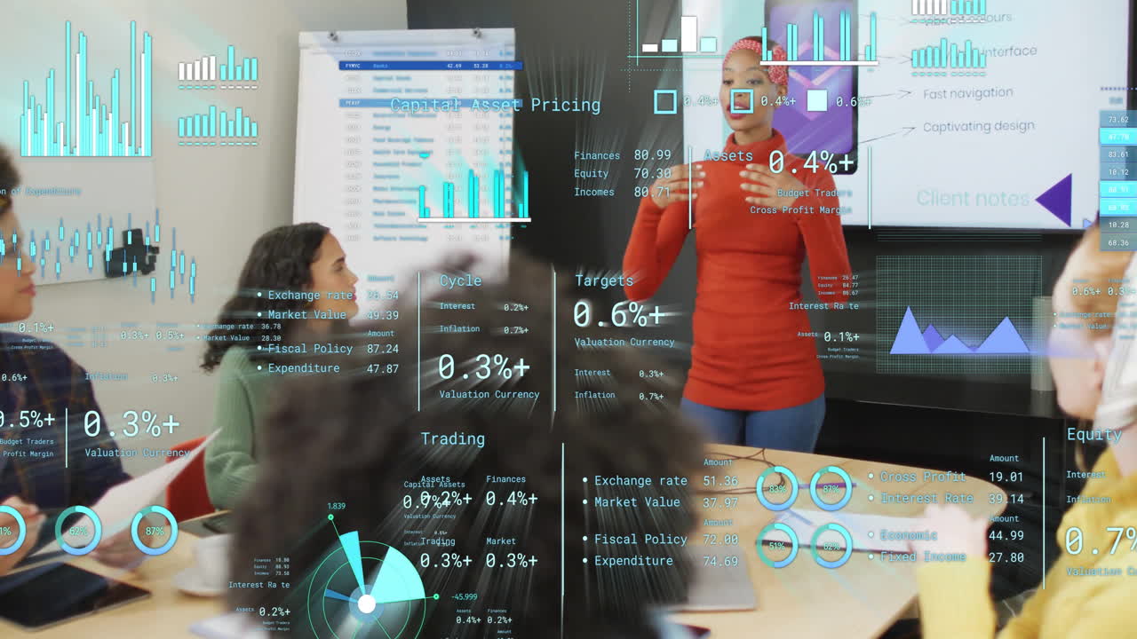 Animation of financial data processing over diverse business people in office