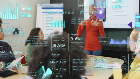 animation of financial data processing over diverse business people in office