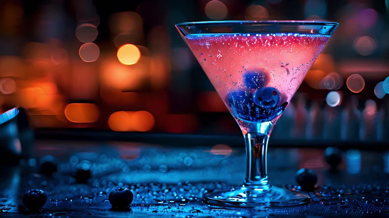 Vibrant Blueberry Cocktail in a Martini Glass at a Bar