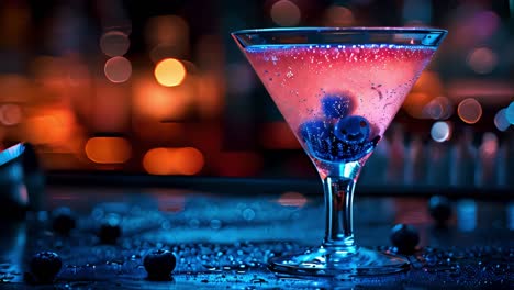 vibrant blueberry cocktail in a martini glass at a bar