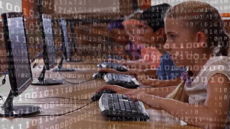 Digital composition of binary coding data processing against group of students using computers