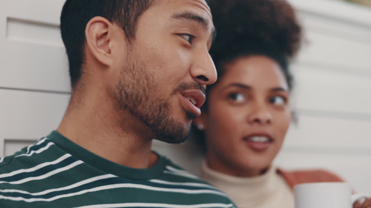 Morning, coffee and couple drink in kitchen