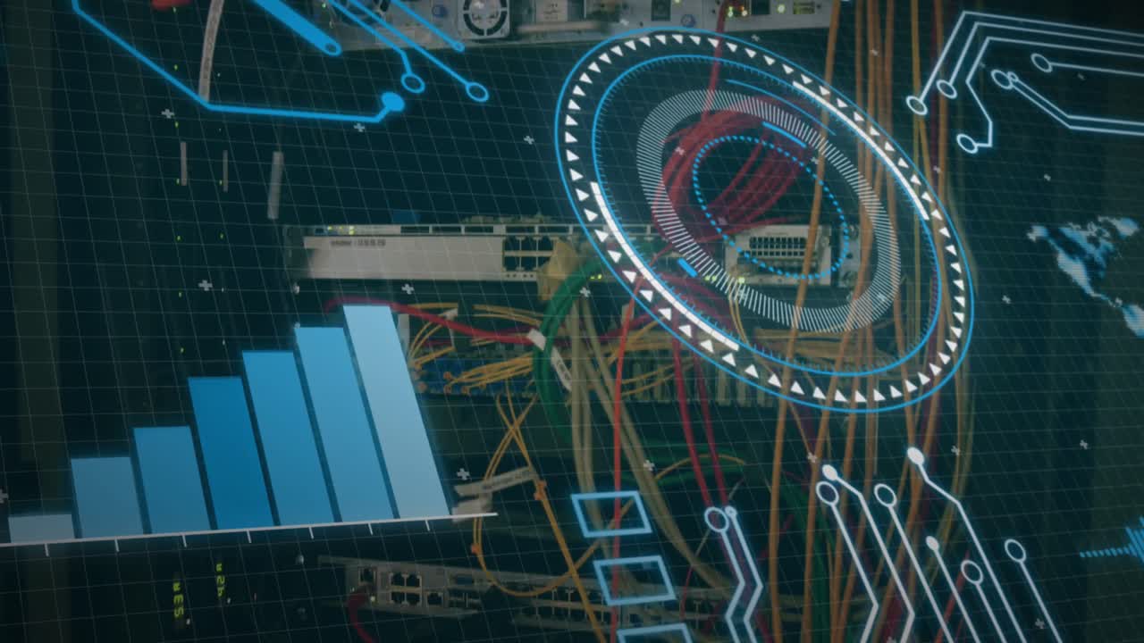 animación del procesamiento de datos sobre el alcance y los cables del servidor informático