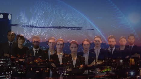 animation of diverse group of business people over cityscape