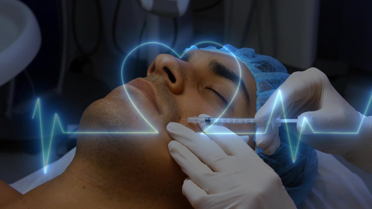 Medico che solleva una siringa e inietta il viso per trattamenti estetici, con una linea ECG che attraversa il viso.