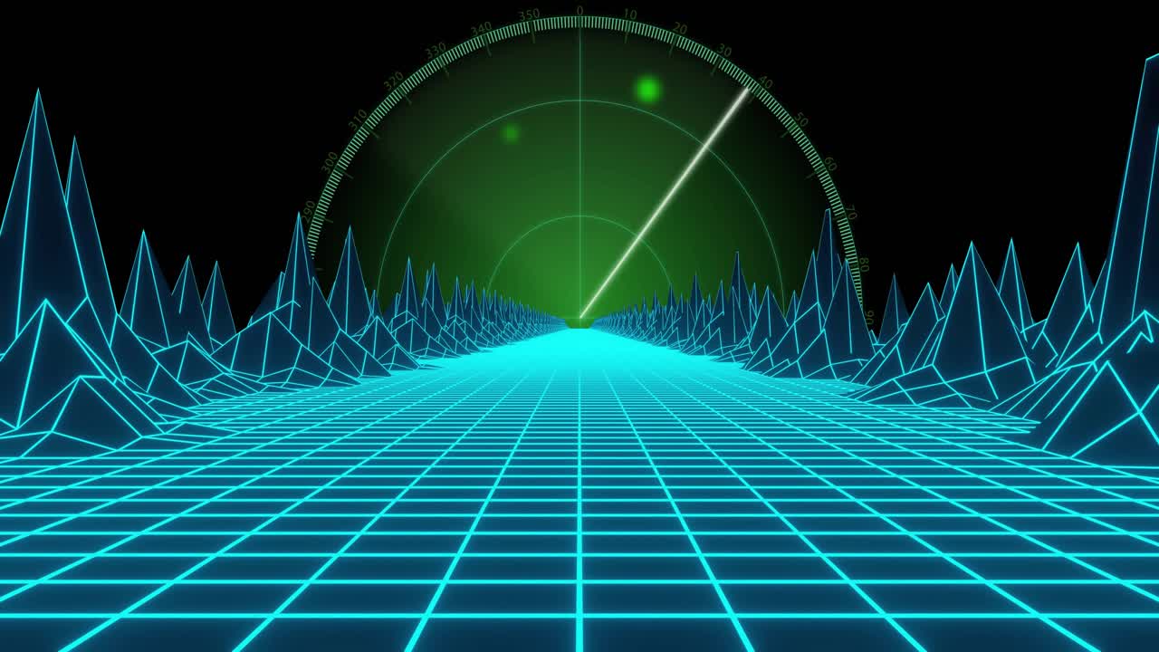 White radar sweep starting left rotating right, sending blips, pulsing horizon, scanning cyan grid