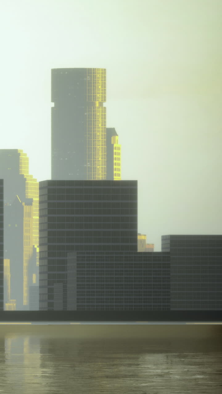 Vista del horizonte de la ciudad con edificios altos cerca del agua durante el atardecer