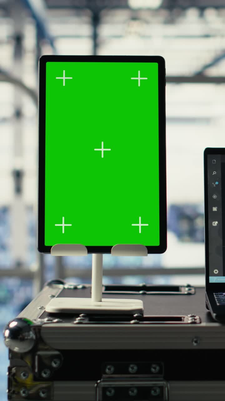 Video verticale isolato su schermo tablet in infrastruttura di formazione per data center per tecnologia IA