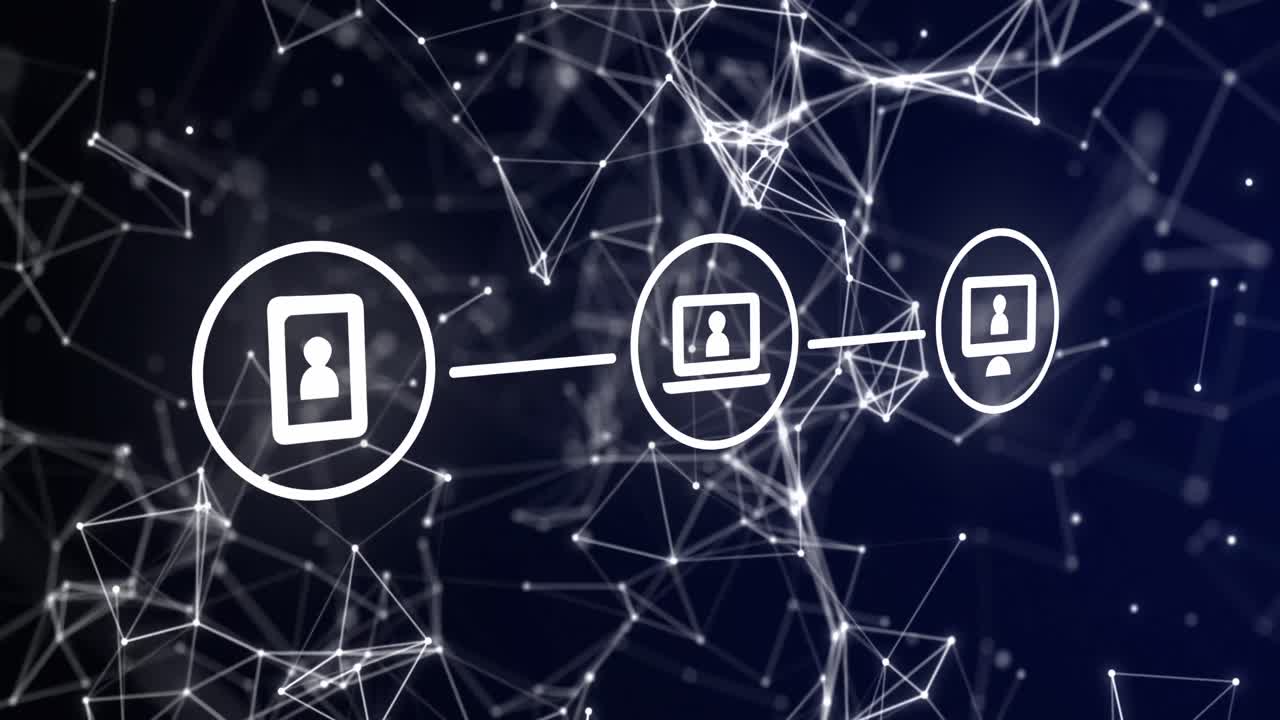 animación de la red de conexiones con iconos sobre fondo negro