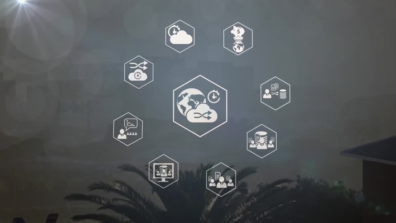 animación de puntos de luz e iconos digitales girando contra la vista aérea del paisaje urbano