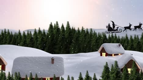 animation of santa claus in sleigh with reindeer over snow falling and winter landscape
