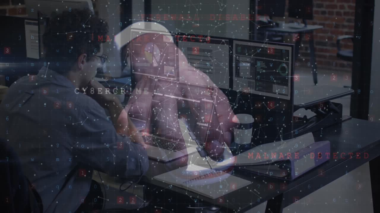 Animation of data processing over caucasian businessman using computer