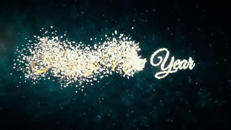 happy new year gold greeting text with particles flying away