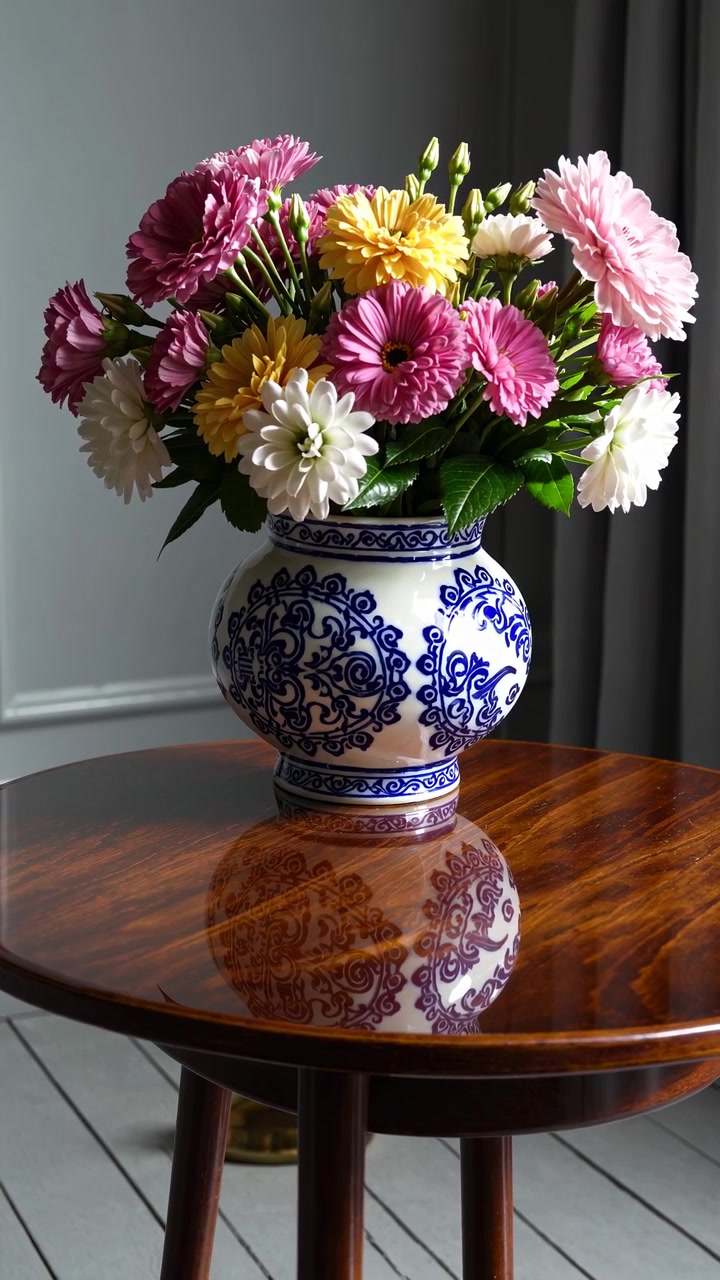 Ramo de flores de colores en un jarrón de cerámica decorativo sobre una mesa de madera