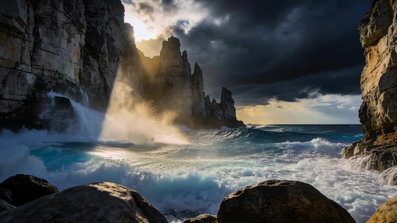 Onda di tempesta in arrivo che spinge un'onda turchese che si infrange, abbattendosi su una stretta insenatura rocciosa, con massi.