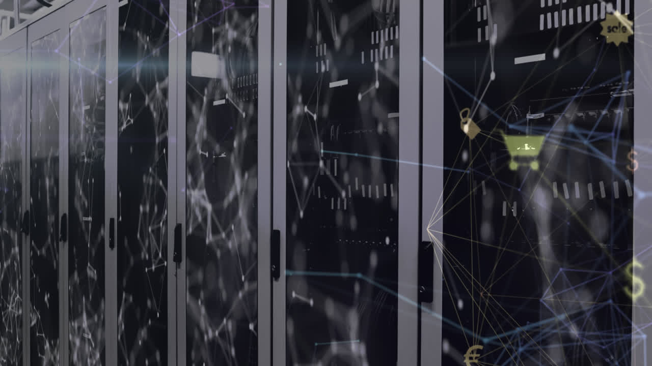 animación de iconos de medios sobre formas y sala de servidores